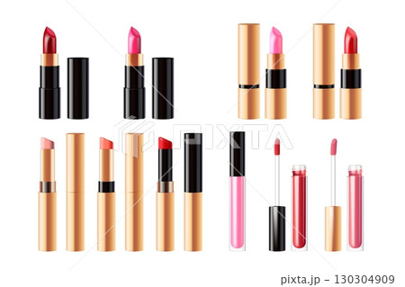 Realistic lipstick. Lip balms and glosses cosmetics product mockup, red pink tint lip stick black container fashion makeup cosmetic package, 3d isolated exact vector illustration Realistic lipstick. Lip balms and glosses cosmetics product mockup, red pink tint lip stick black container fashion makeup cosmetic package, 3d isolated exact vector illustration 130304909
