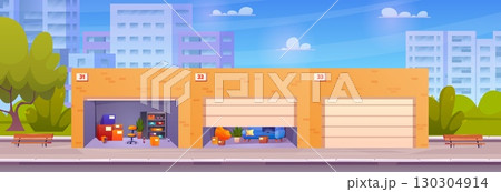 Self storage unit. Street warehouse with moving things, lot junk storage container garage space numbered units storehouse room cartoon exterior city background vector illustration 130304914