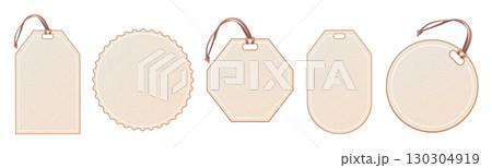 Realistic clothes tags. Blank tag mockup with leather rope string, hanging craft paper label for gift price text clothe sticker sale shop discount 3d icons set vector illustration 130304919