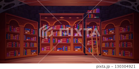 Old library interior. Library dark night room inside medieval castle, bookcase books on shelf bookshelf of magic school university abandoned bookshop cartoon vector illustration 130304921