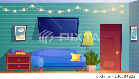 Living room interior. Comfortable sofa couch and tv inside house, empty livingroom for lounge home relax festive garland on wall indoor background vector illustration Living room interior. Comfortable sofa couch and tv inside house, empty livingroom for lounge home relax festive garland on wall indoor background vector illustration 130304922