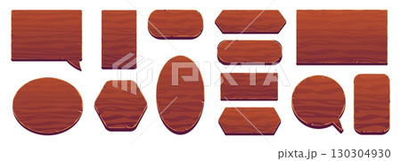 Game wooden signs. Cartoon plaque wood texture ui buttons assets, farm banner plate square round speech bubble shape menu frame plank plate board gaming set vector illustration 130304930