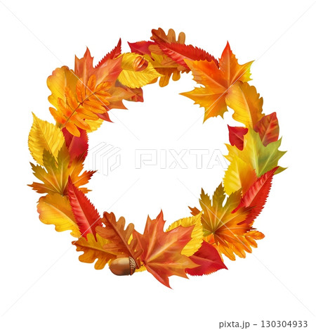 Autumn leaves wreath. Realistic fall leaf round frame, orange foliage nature ring maple oak leafs circle forest garland thanksgiving decoration 3d vector illustration 130304933