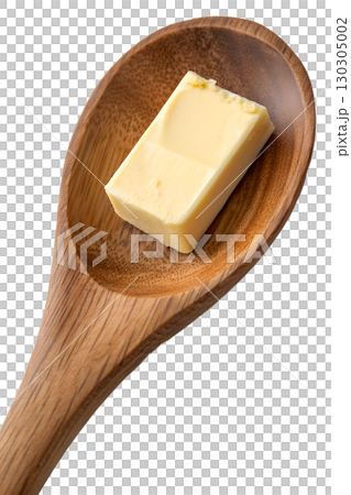 Creamy butter on wooden spoon, dairy product isolated on transparent background, cooking ingredient close-up Creamy butter on wooden spoon, dairy product isolated on transparent background, cooking ingredient close-up 130305002