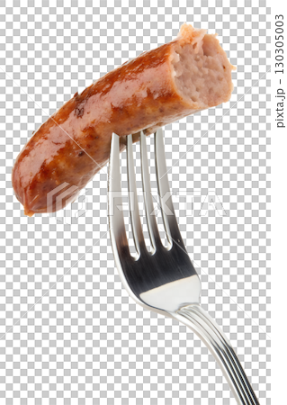 Grilled sausage on fork isolated on transparent background, cooked meat ready to eat, barbecue food 130305003