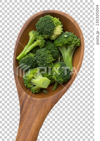 Fresh green broccoli florets in wooden spoon, healthy eating ingredient isolated on transparent background 130305004