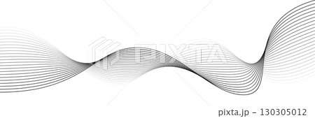 Black abstract wave line isolated on white background. Smooth flowing curved stripes in gradient style. Futuristic motion design, minimal geometric pattern. Graphic vector illustration 130305012