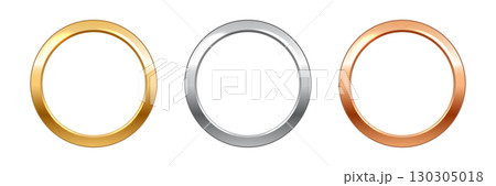 Gold, silver, bronze metal circle frames. Glossy metallic rings isolated on white background. First, second and third place medals, awards, ranks. 3d vector realistic illustration 130305018