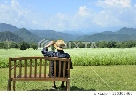 ソバ畑のベンチで休息している老人 ソバ畑のベンチで休息している老人 130305463