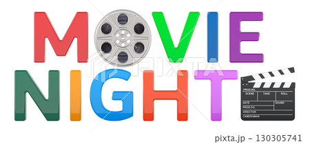 Movie Night colorful letters with film reel and clapperboard. 3D rendering 130305741