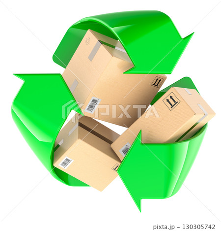 Parcel boxes with recycling symbol. Package reuse or packaging recycling. 3D rendering Parcel boxes with recycling symbol. Package reuse or packaging recycling. 3D rendering 130305742
