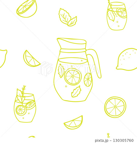 Lemonade seamless graphic pattern in minimalistic style. Hand drawn Doodle illustration of Lemonade Jug and Glasses, Lemon slices and mint in lemon color. For paper, menu, fabric prints. 130305760