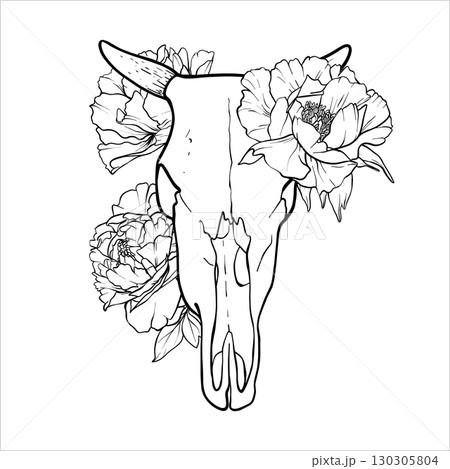 Bull Skull in the flowers. Hand drawn black and white vector illustration of a bull skull with horns. Skeleton and Peonies in line art style. Graphics outline element bones and flowers. EPS10 Bull Skull in the flowers. Hand drawn black and white vector illustration of a bull skull with horns. Skeleton and Peonies in line art style. Graphics outline element bones and flowers. EPS10 130305804