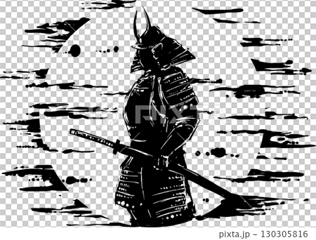 Sumi-e illustration of a samurai with the moon behind him 130305816