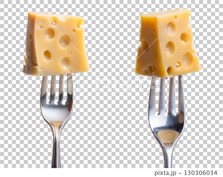 Cube of yellow swiss cheese with holes, pierced by fork, isolated on a transparent background 130306034