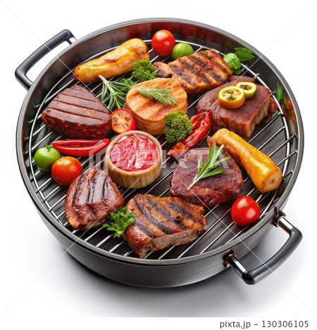 Grilled Meat and Vegetables on the BBQ. Generative AI 130306105