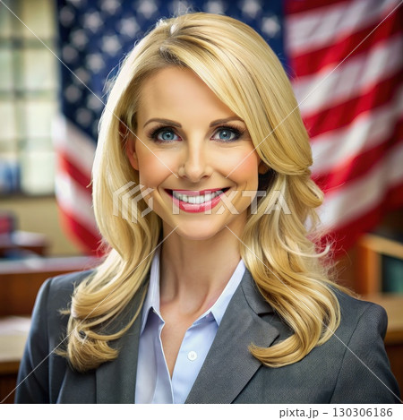 Woman in Business Suit Standing in Front of American Flag. Generative AI Woman in Business Suit Standing in Front of American Flag. Generative AI 130306186