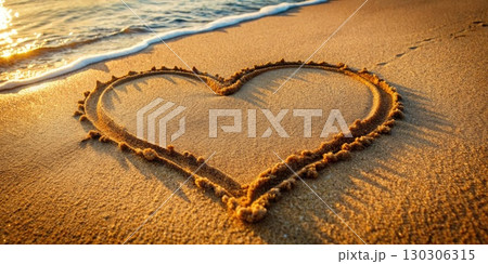 Heart Drawn in Sand on Beach. Generative AI 130306315