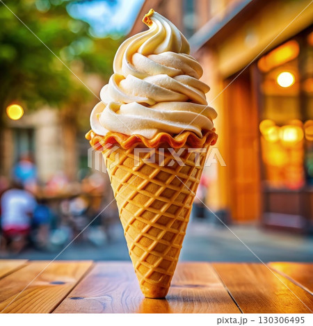 Ice Cream Cone on Wooden Table. Generative AI 130306495