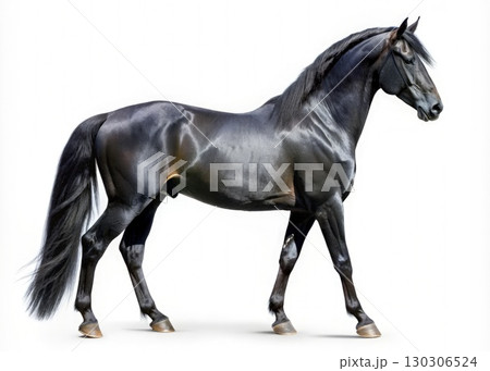 Black Horse Standing on White Background. Generative AI 130306524
