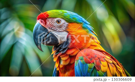 Colorful Parrot Standing in Front of Leaves. Generative AI 130306609