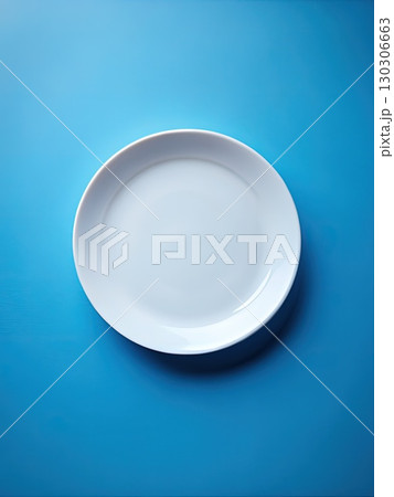 White Plate on Blue Table. Generative AI 130306663