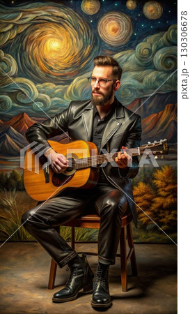 Man Sitting on Chair Holding Guitar. Generative AI 130306678