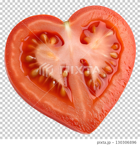 Heart-shaped tomato half with seeds, fresh red vegetable isolated on transparent background Heart-shaped tomato half with seeds, fresh red vegetable isolated on transparent background 130306896