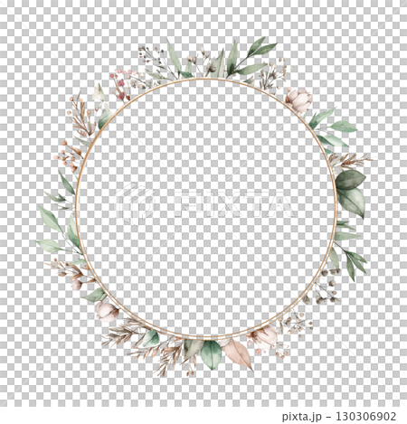 有鮮花和綠色植物的美麗圓形框架 130306902