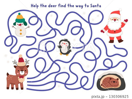 Christmas village maze for children with cute deer searching way to Santa Claus. Funny simple labyrinth game with reindeer, penguin, bear, snowman. Winter holiday printable activity, worksheet 130306925