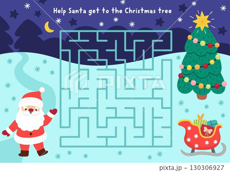 Christmas village geometrical maze for children with cute Santa Claus going to fir tree. Funny labyrinth game with snowy landscape, sledge. Winter holiday printable activity, worksheet 130306927