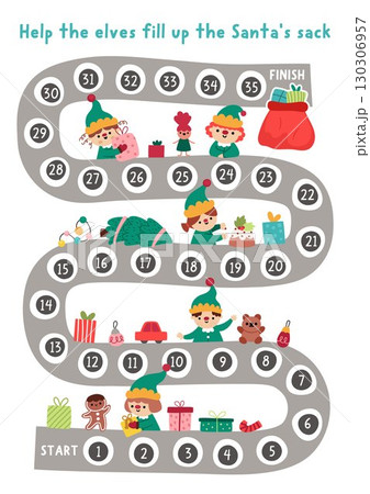 Christmas village board game for children with cute elves filling up Santa Claus sack with presents on toy factory. Funny boardgame with conveyor belt. Winter holiday printable activity, worksheet 130306957