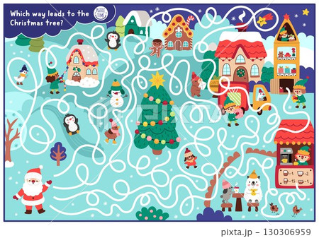 Christmas village maze for children with cute animals and Santa Claus going to fir tree. Funny detailed labyrinth game with market, houses, deer. Winter holiday printable activity, worksheet Christmas village maze for children with cute animals and Santa Claus going to fir tree. Funny detailed labyrinth game with market, houses, deer. Winter holiday printable activity, worksheet 130306959