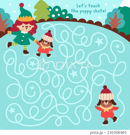 Christmas village maze for children with cute elf teaching puppy skate on skating rink. Funny detailed labyrinth game with traditional characters. Winter holiday printable activity, worksheet Christmas village maze for children with cute elf teaching puppy skate on skating rink. Funny detailed labyrinth game with traditional characters. Winter holiday printable activity, worksheet 130306965
