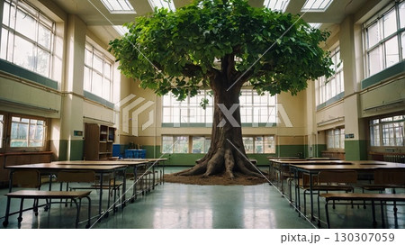 A magical classroom with a huge green tree growing in the center, surrounded by desks in a bright educational environment. The concept of unity with nature and self-education. 130307059