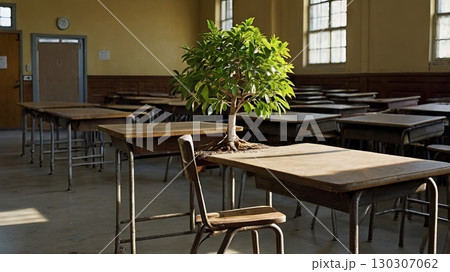 A magical classroom with a huge green tree growing in the center, surrounded by desks in a bright educational environment. The concept of unity with nature and self-education. 130307062