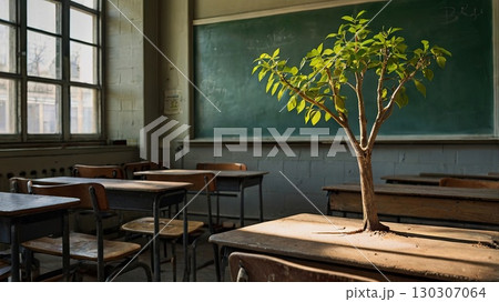 A magical classroom with a huge green tree growing in the center, surrounded by desks in a bright educational environment. The concept of unity with nature and self-education. 130307064