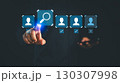 HR approving quality candidate profiles with user icons and a magnifying glass symbol. HR management, recruitment, employee selection, or identity verification through technology and data systems. 130307998