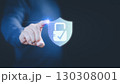 Person touches a glowing digital shield icon with an unlocked padlock and check mark, technology cybersecurity access and data protection. AI cybersecurity protection concept. 130308001