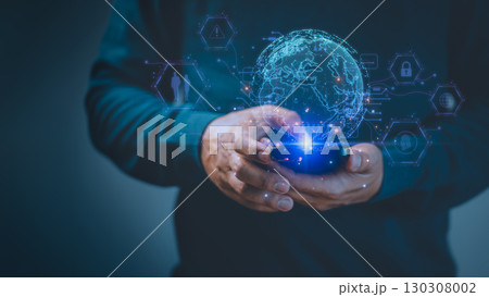 Person using a smartphone with a digital Earth surrounded by virtual network icons. Concept of global connectivity, digital technology, cybersecurity, and data communication in a modern world. 130308002