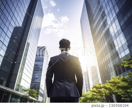 ビジネス街の高層ビルを見上げながら立つ後ろ姿の日本人男性。未来を見据える象徴的なシーン 130308104