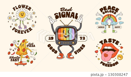 Groovy cartoon characters shirt print and posters. Vector whimsical retro y2k personages pizza, tv, rainbow, flower and mouth, promoting fun messages like peace, good vibes, and freedom in 70s style 130308247