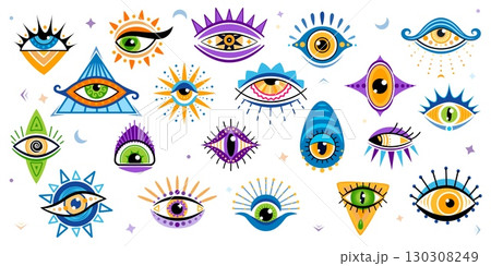 Magic doodle eyes or esoteric eyeballs for witchcraft occult and oracle providence, vector icons. Cartoon magical eyes or evil eyes with eyelashes for astrology, Tarot esoteric or sacred occult signs Magic doodle eyes or esoteric eyeballs for witchcraft occult and oracle providence, vector icons. Cartoon magical eyes or evil eyes with eyelashes for astrology, Tarot esoteric or sacred occult signs 130308249