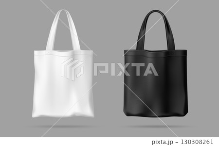Realistic black and white tote bag mockups. Vector 3d eco fabric cloth totebags, cotton, canvas or linen shoppers with long handles. Blank reusable textile shopping handbags or grocery tote bags Realistic black and white tote bag mockups. Vector 3d eco fabric cloth totebags, cotton, canvas or linen shoppers with long handles. Blank reusable textile shopping handbags or grocery tote bags 130308261