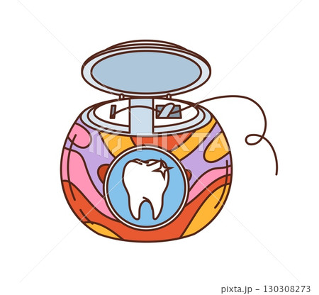 Cartoon groovy dental floss container with retro swirly pattern, open lid and sparkling tooth symbol. Vector hygiene object for oral care with funky y2k vibe, representing dental hygiene or healthcare Cartoon groovy dental floss container with retro swirly pattern, open lid and sparkling tooth symbol. Vector hygiene object for oral care with funky y2k vibe, representing dental hygiene or healthcare 130308273