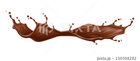 Chocolate drink flow splash wave flowing mid air, curves elegantly with droplets emphasizing motion. Realistic 3d vector twisted rich, dessert splash with velvety texture for sweet promo or food ads 130308282