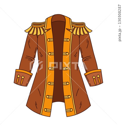 Cartoon groovy pirate coat with golden trim, buttons, epaulets and wide rolled cuffs. Vector corsair clothes, brown jacket evoking maritime fantasy game adventure, filibuster costume or suit object Cartoon groovy pirate coat with golden trim, buttons, epaulets and wide rolled cuffs. Vector corsair clothes, brown jacket evoking maritime fantasy game adventure, filibuster costume or suit object 130308287