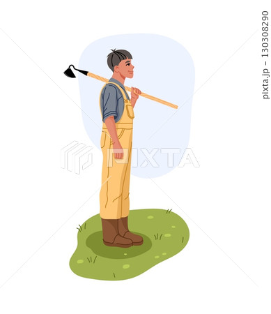 Farmer and gardener character. Cartoon flat vector male farmer personage in yellow overalls holding a hoe over his shoulder, standing on grass, symbolizing rural life, seasonal work and agriculture Farmer and gardener character. Cartoon flat vector male farmer personage in yellow overalls holding a hoe over his shoulder, standing on grass, symbolizing rural life, seasonal work and agriculture 130308290