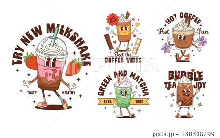 Groovy sweet dessert characters for T shirt print or poster, vector cartoon drinks. Groovy dessert characters with funny faces, milkshake with bubble tea, hot chocolate, coffee cup and matcha drink 130308299