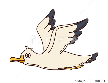 Cartoon groovy seagull bird with white feathers, gray wing tips and yellow beak soars in mid flight with wings spread wide, creating sense of freedom and movement. Isolated vector avian gull personage 130308301